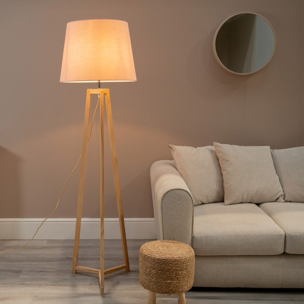 ValueLight Lottie Pink Taper Shade Natural Wood Tripod Floor Lamp