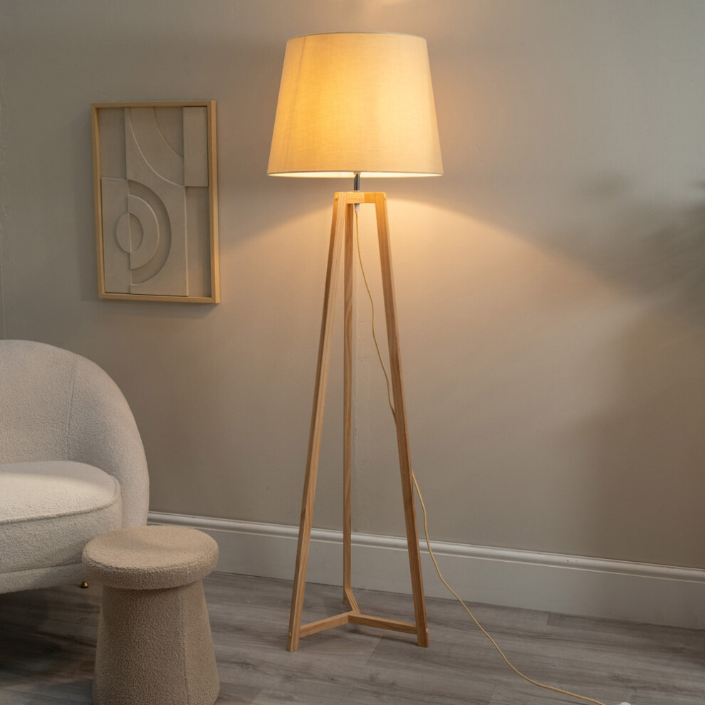 ValueLight Lottie Beige Taper Shade Natural Wood Tripod Floor Lamp