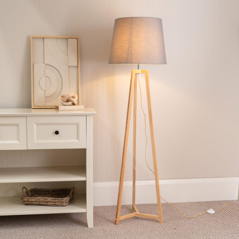 ValueLight Lottie Grey Taper Shade Natural Wood Tripod Floor Lamp