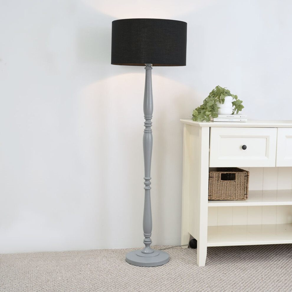 ValueLights Victoria Black Drum Shade Grey Wood Stem Floor Lamp