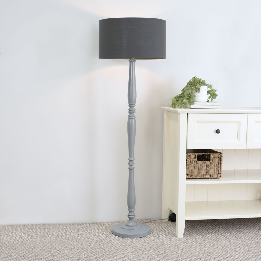 ValueLights Victoria Charcoal Drum Shade Grey Wood Stem Floor Lamp