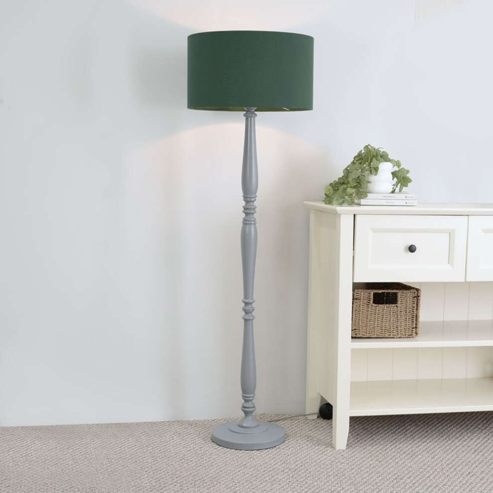 ValueLights Victoria Green Drum Shade Grey Wood Stem Floor Lamp