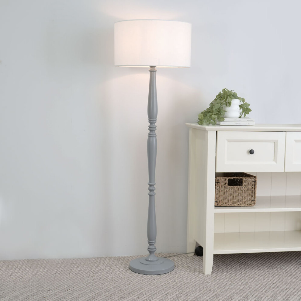 ValueLights Victoria White Drum Shade Grey Wood Stem Floor Lamp