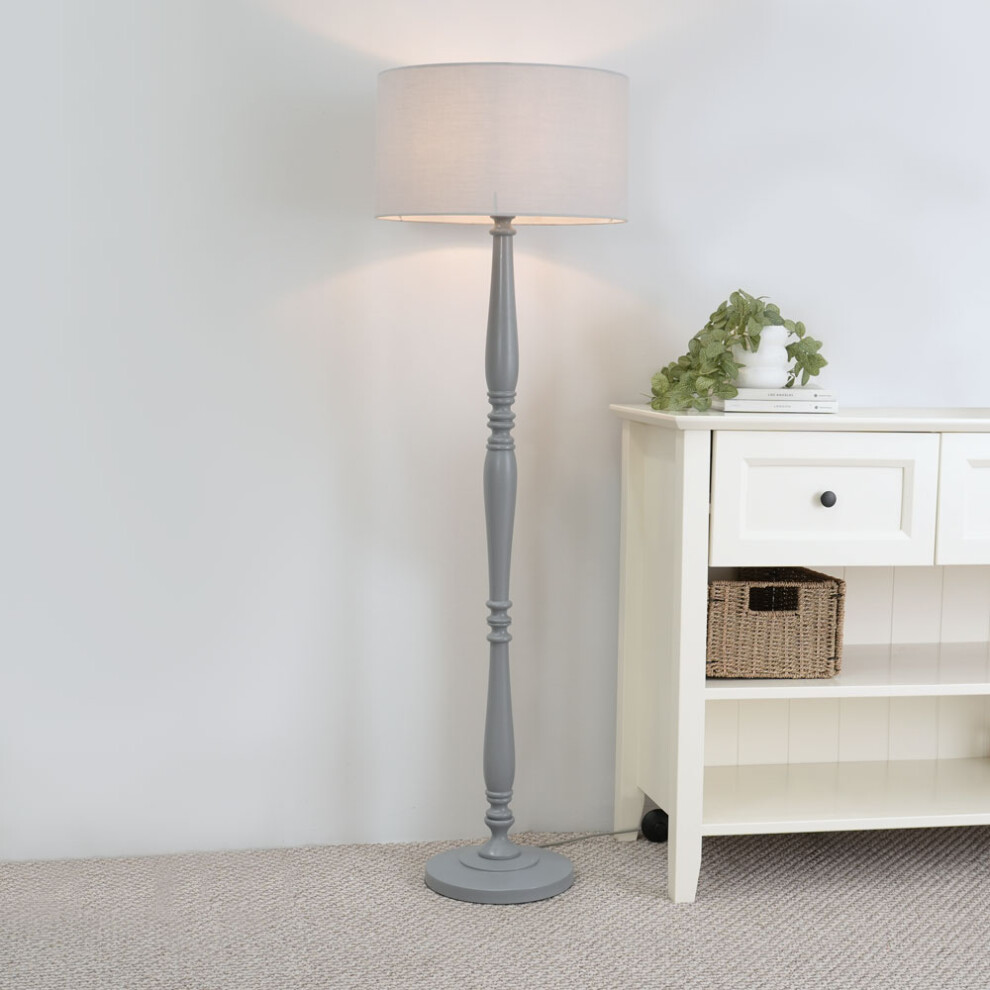 ValueLights Victoria Grey Drum Shade Grey Wood Stem Floor Lamp