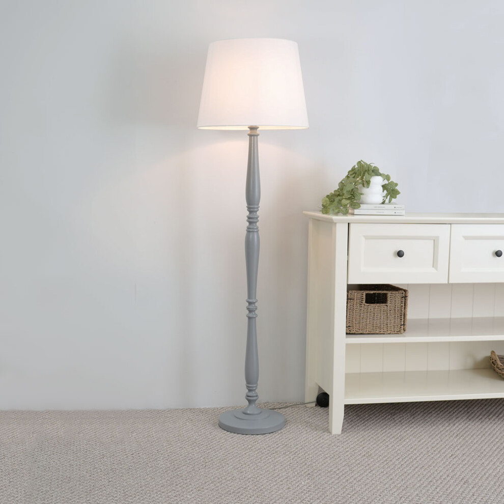 ValueLights Victoria White Tapered Shade Grey Wood Stem Floor Lamp