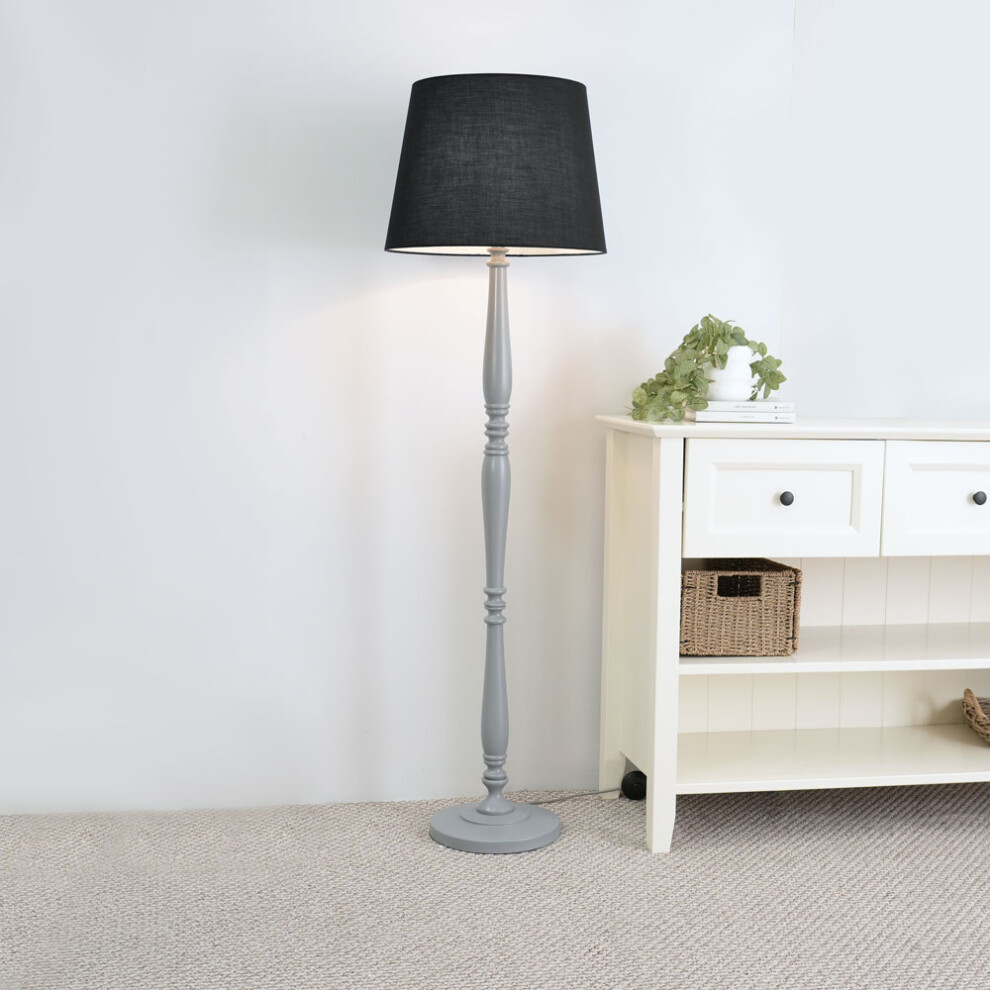 ValueLights Victoria Black Tapered Shade Grey Wood Stem Floor Lamp