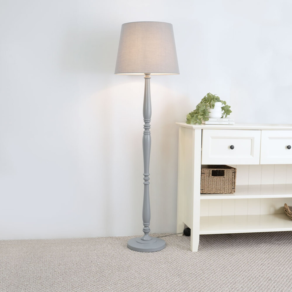 ValueLights Victoria Grey Tapered Shade Grey Wood Stem Floor Lamp