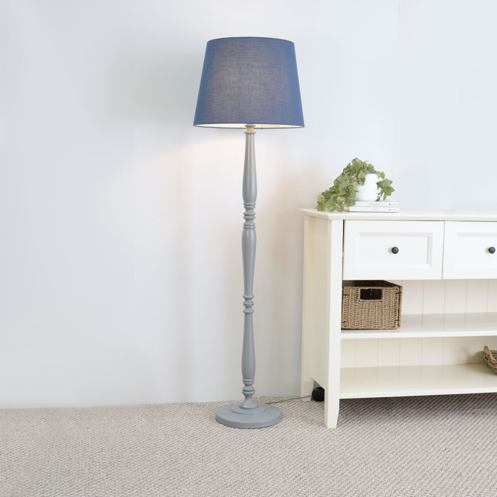 ValueLights Victoria Navy Blue Taper Shade Grey Wood Stem Floor Lamp