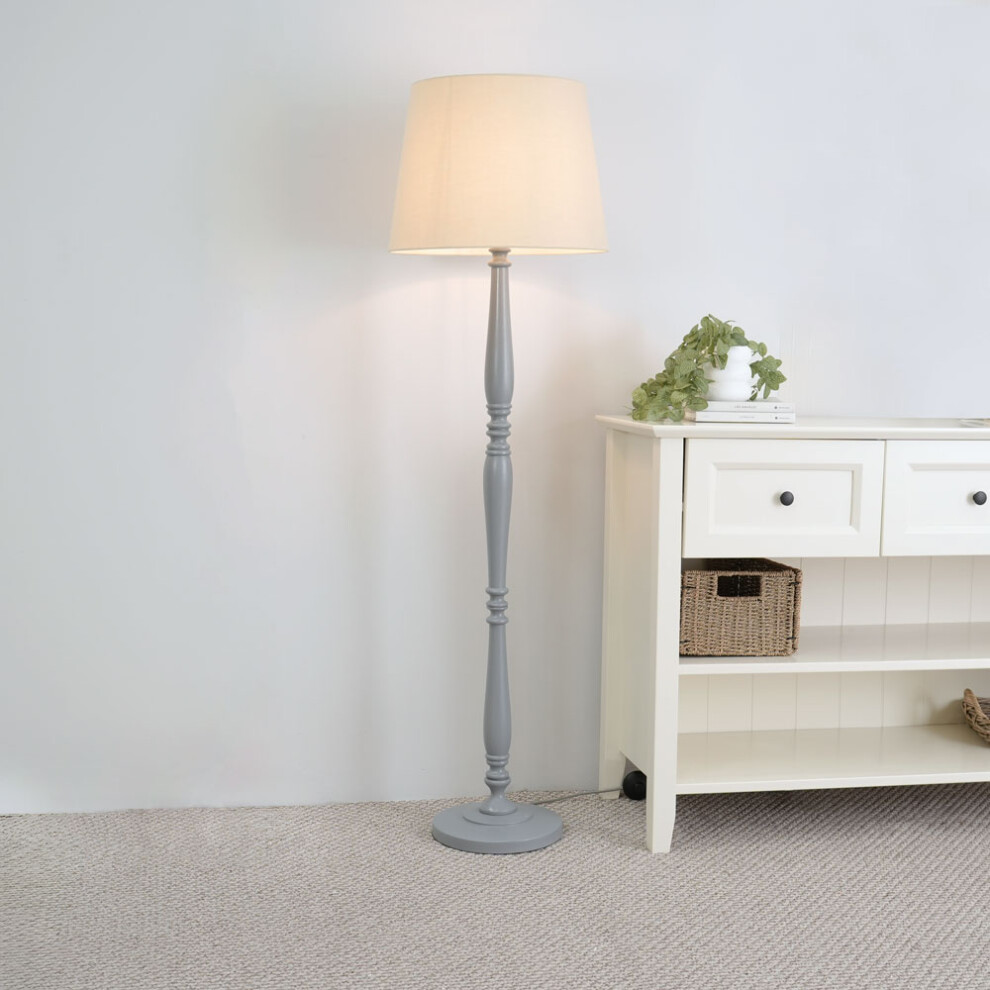 ValueLights Victoria Beige Tapered Shade Grey Wood Stem Floor Lamp