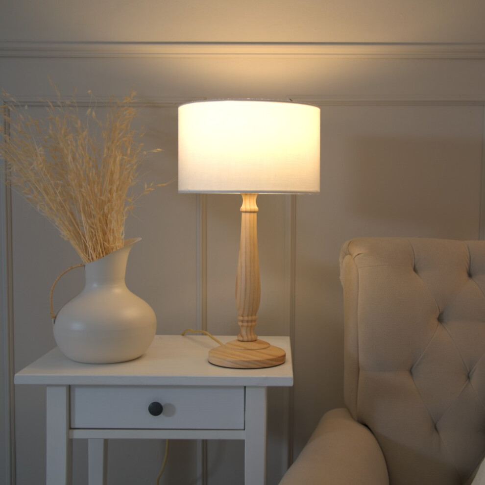 ValueLights Victoria White Drum Shade with Light Wood Table Lamp