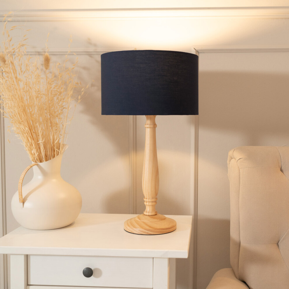 ValueLights Victoria Navy Blue Drum Shade with Light Wood Table Lamp