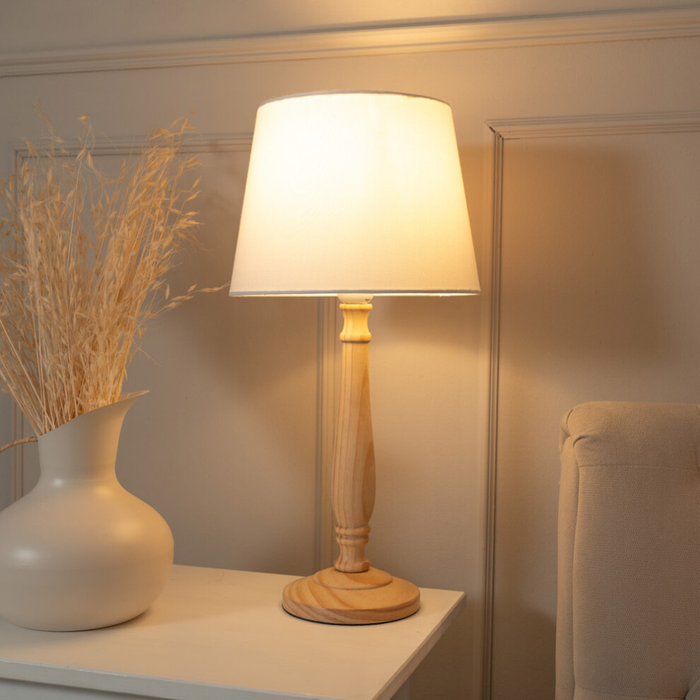 ValueLights Victoria White Tapered Shade with Light Wood Table Lamp