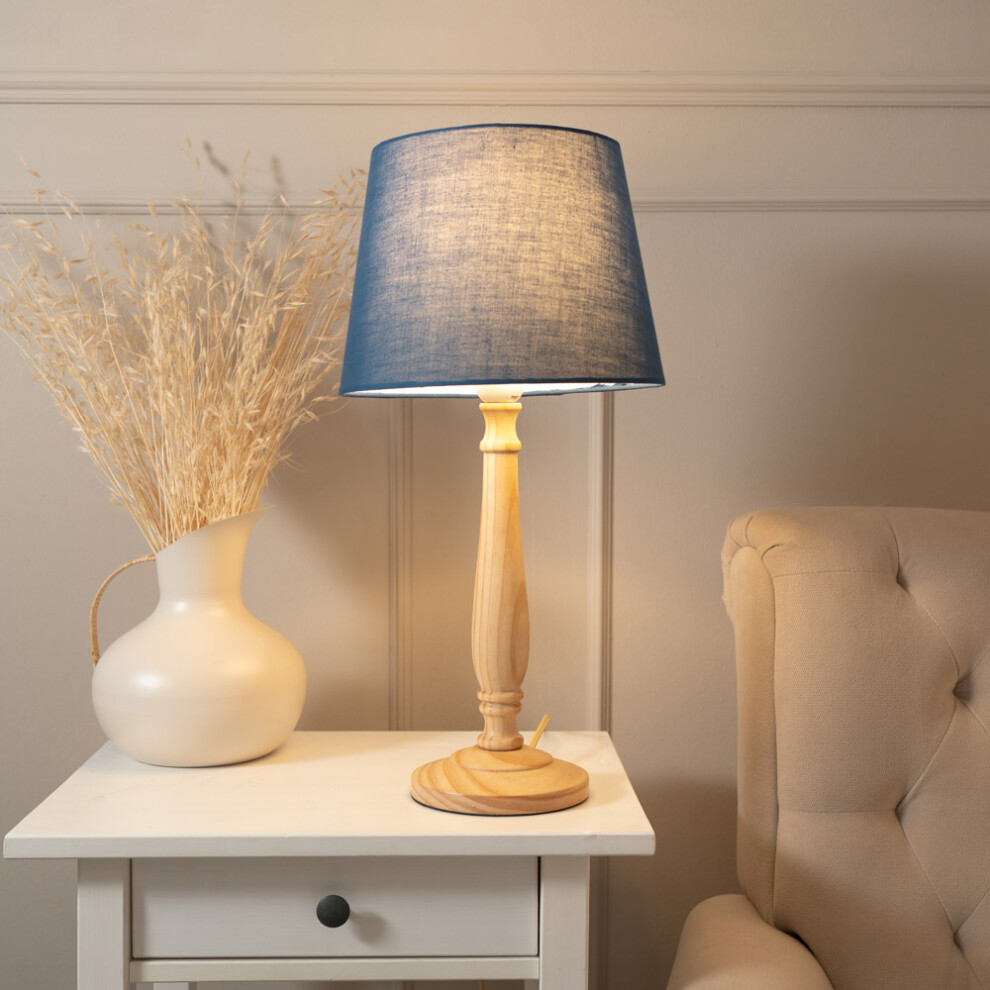 ValueLights Victoria Navy Tapered Shade with Light Wood Table Lamp