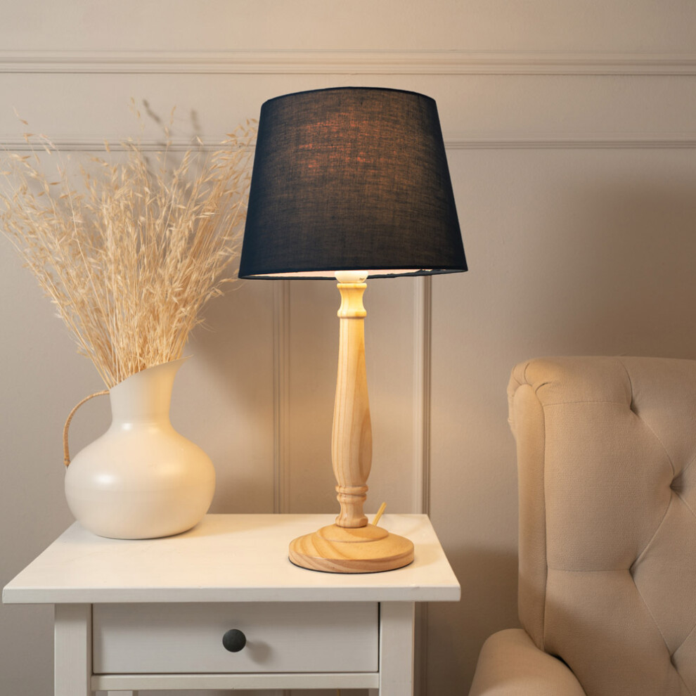 ValueLights Victoria Black Tapered Shade with Light Wood Table Lamp