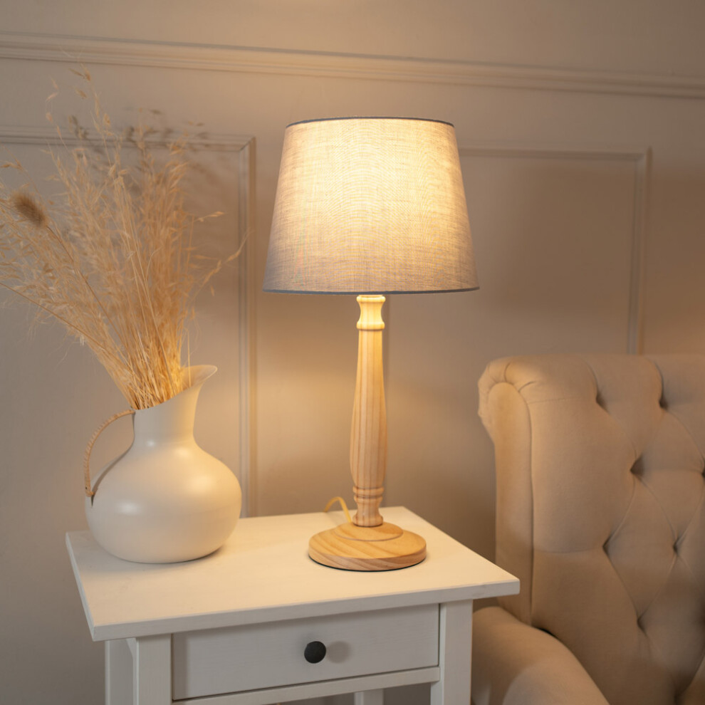 ValueLights Victoria Grey Tapered Shade with Light Wood Table Lamp