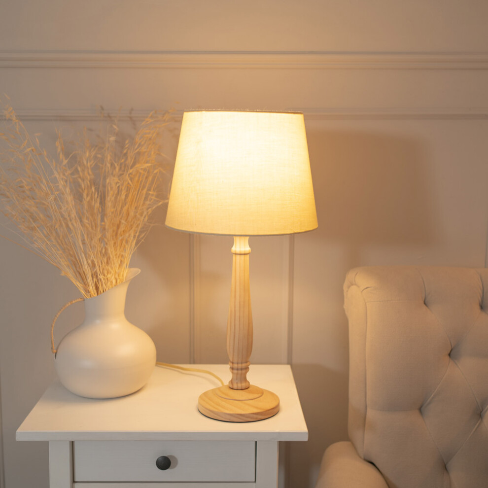 ValueLights Victoria Beige Tapered Shade with Light Wood Table Lamp