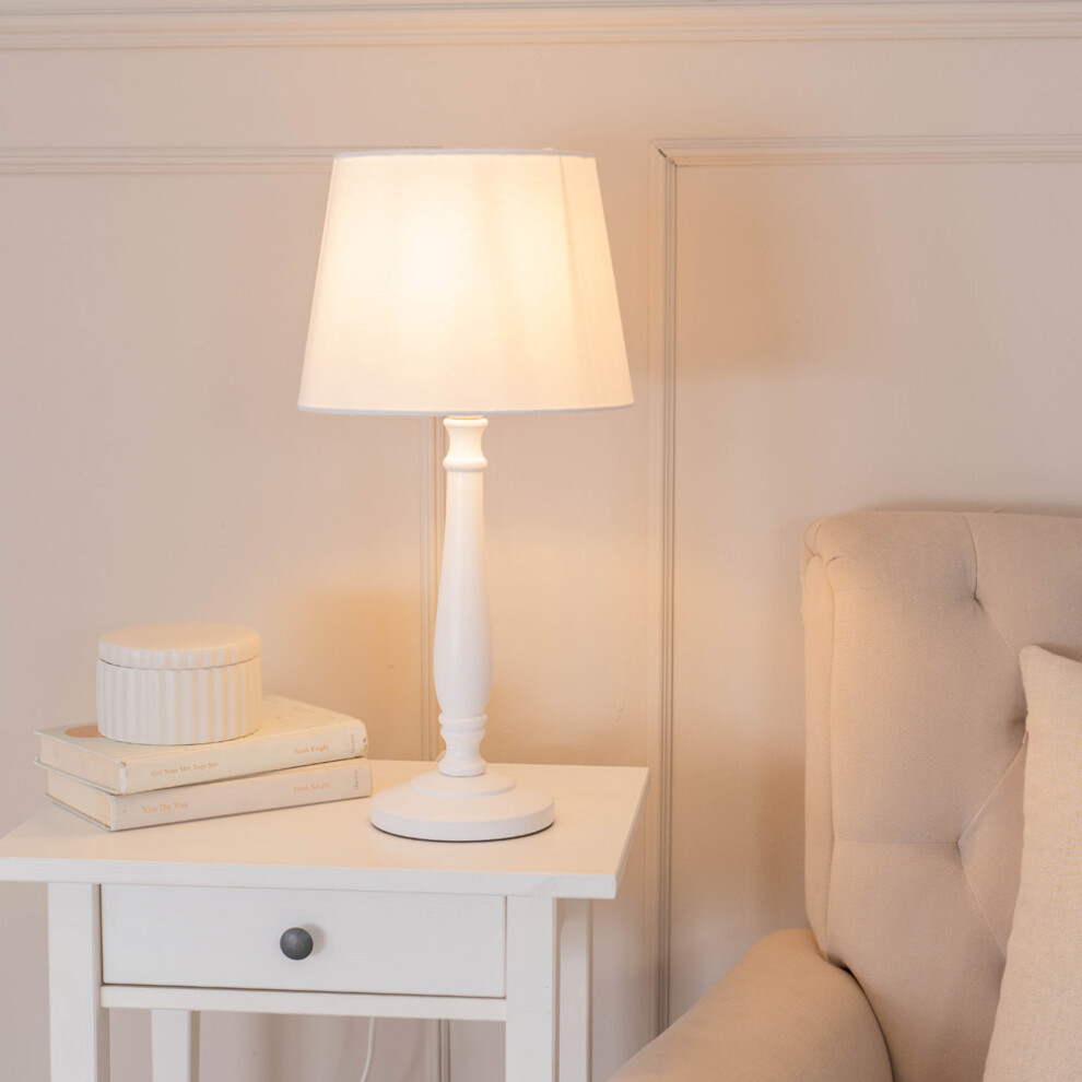 ValueLights Victoria White Tapered Shade White Wood Stem Table Lamp