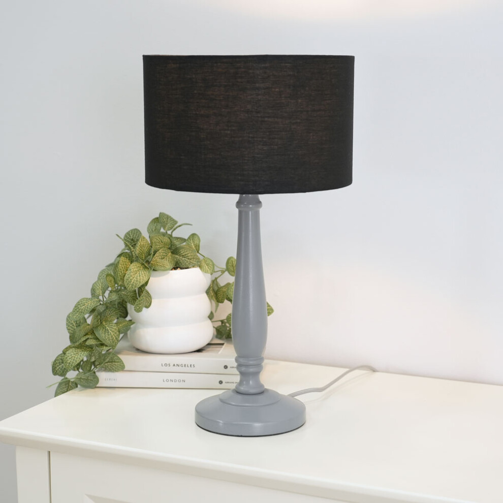 ValueLights Victoria Black Drum Shade Grey Wood Traditional Table Lamp