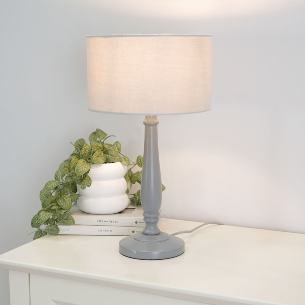 ValueLights Victoria Grey Drum Shade Grey Wood Traditional Table Lamp