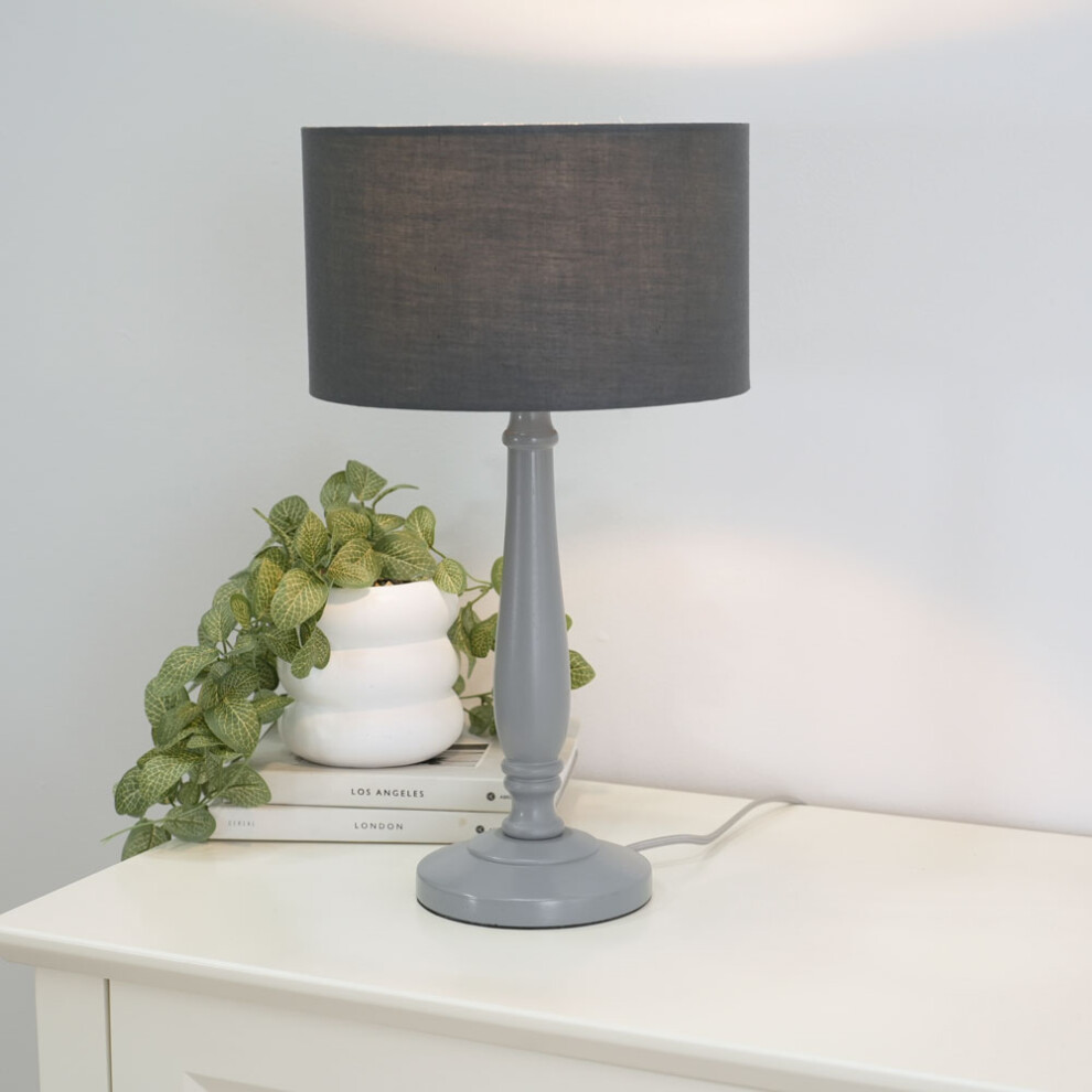 ValueLights Victoria Charcoal Drum Shade Grey Wood Stem Table Lamp