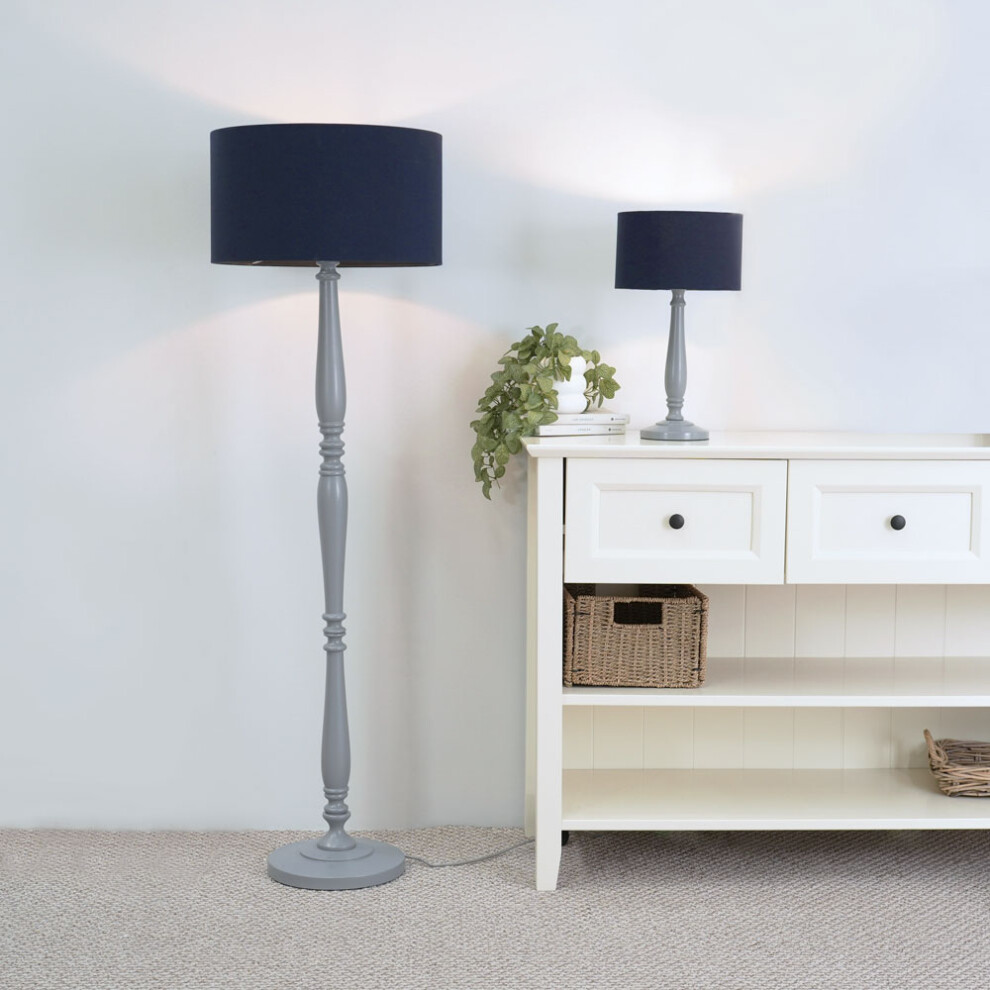 ValueLights Victoria Navy Blue Drum Shade Grey Wood Stem Table Lamp