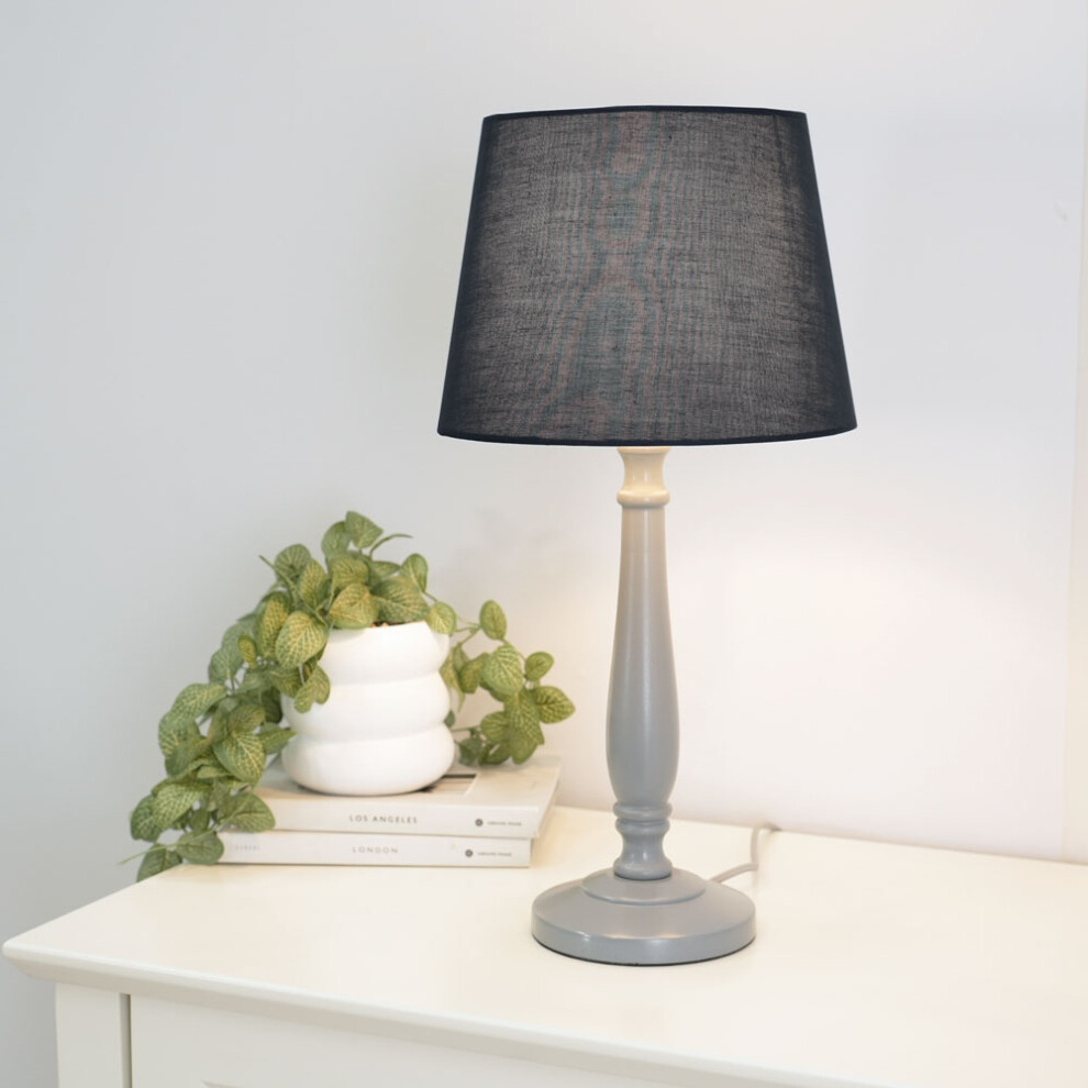 ValueLights Victoria Black Tapered Shade Grey Wood Stem Table Lamp