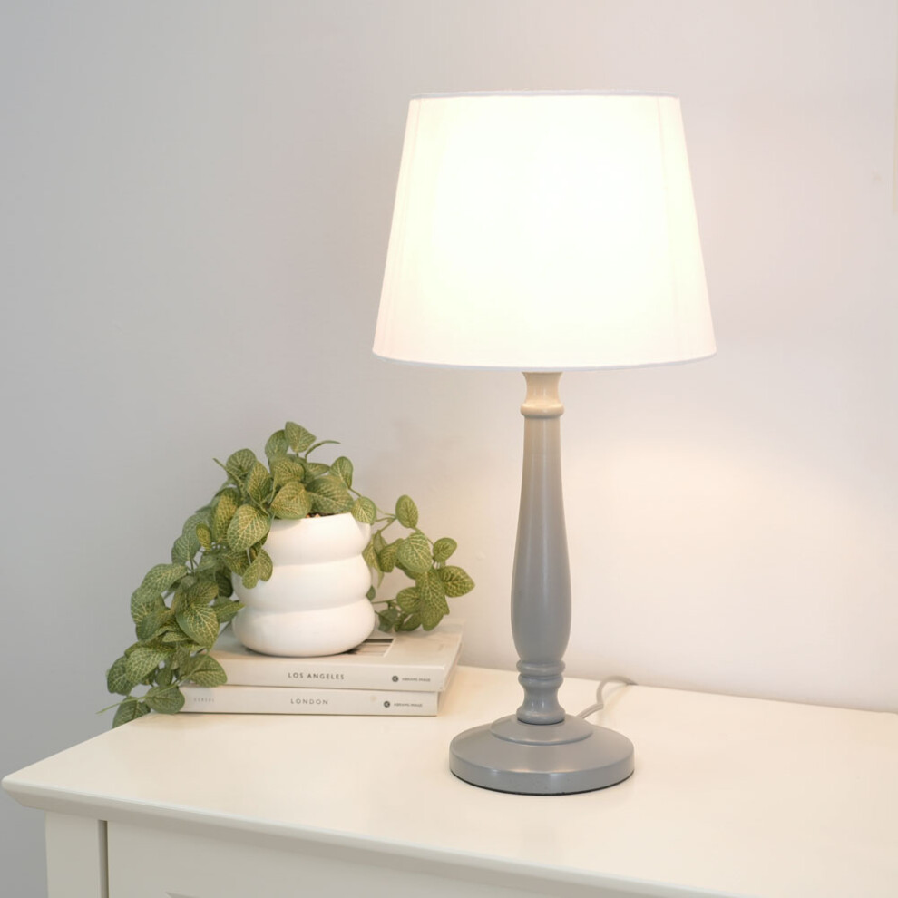 ValueLights Victoria White Tapered Shade Grey Wood Stem Table Lamp