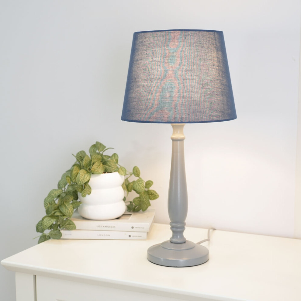 ValueLights Victoria Navy Blue Tapered Shade Grey Wood Stem Table Lamp