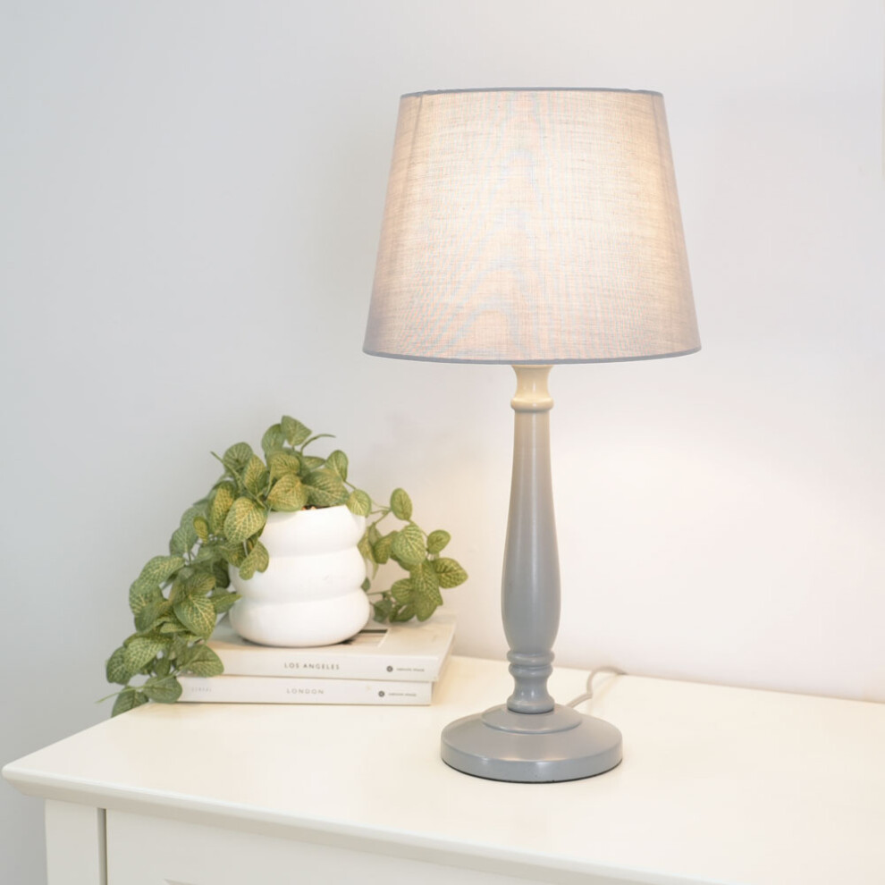 ValueLights Victoria Grey Tapered Shade Grey Wood Stem Table Lamp