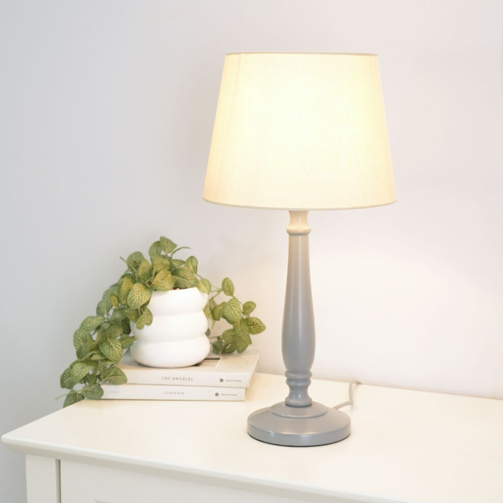 ValueLights Victoria Beige Tapered Shade Grey Wood Stem Table Lamp