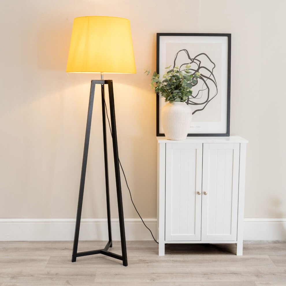 ValueLights Lottie Mustard Tapered Black Wood Tripod Floor Lamp & Bulb