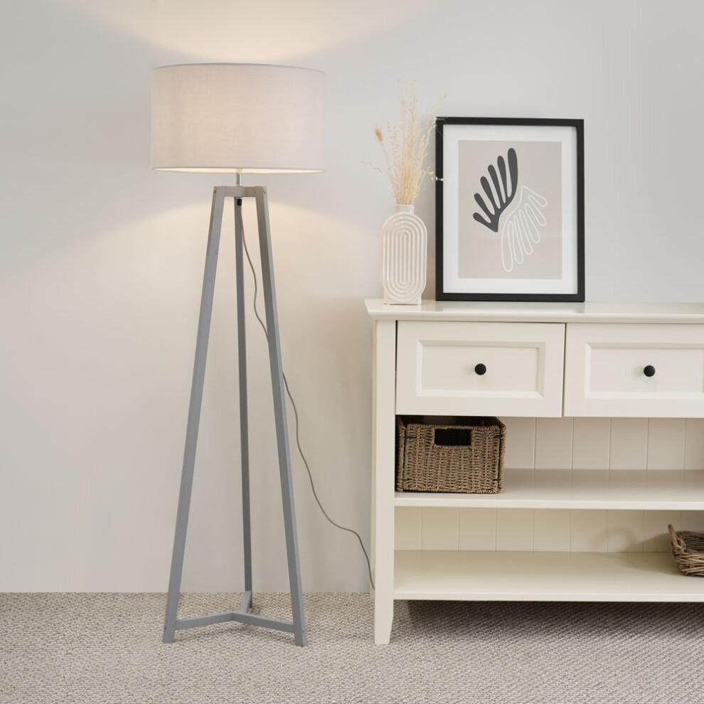 ValueLights Lottie Grey Shade Grey Wood Tripod Floor Lamp and LED Bulb