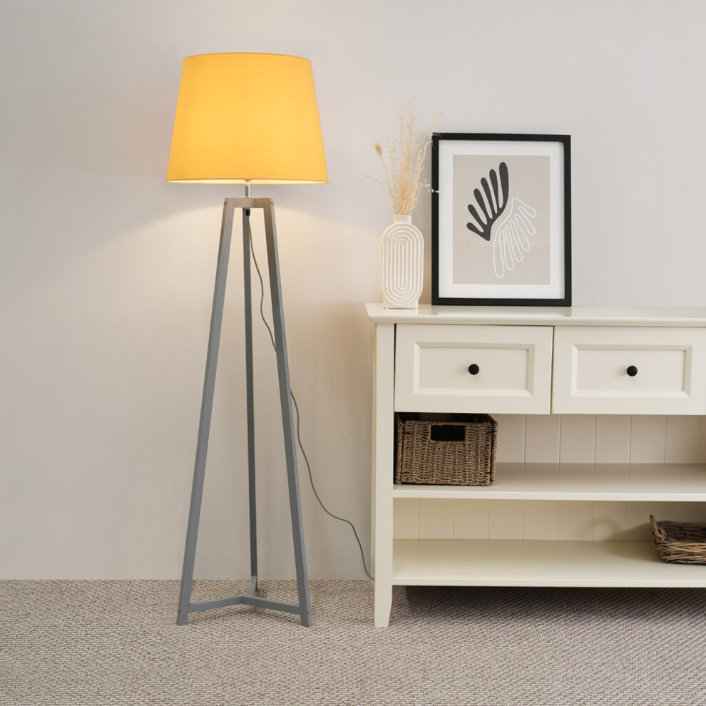 ValueLights Lottie Mustard Tapered Grey Wood Tripod Floor Lamp & Bulb