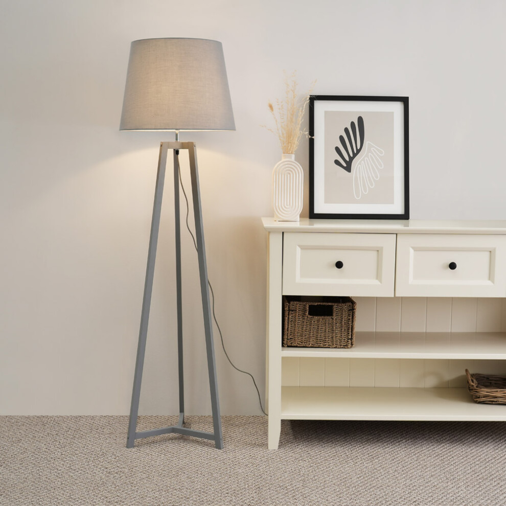 ValueLights Lottie Grey Tapered Grey Wood Tripod Floor Lamp & Bulb