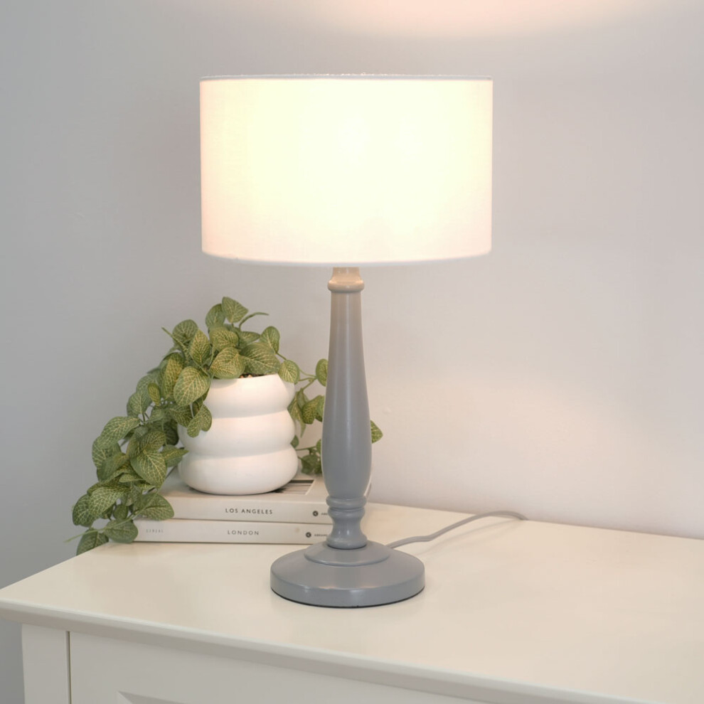 ValueLights Victoria White Drum Shade Grey Wood Table Lamp & LED Bulb