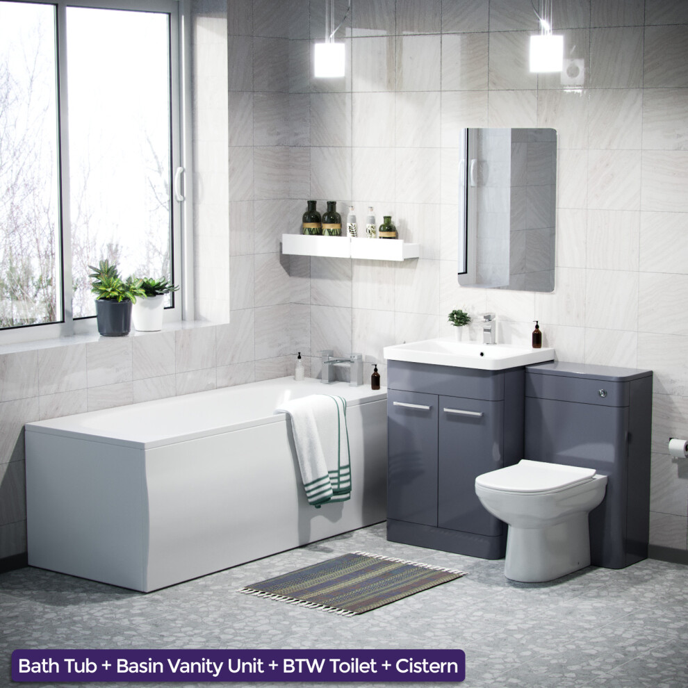 3 Piece Bathroom Suite Steel Grey 600mm Vanity, WC, BTW Toilet & Straight Bath