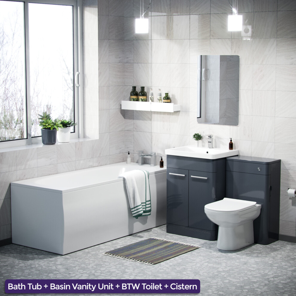 3 Piece Bathroom Suite Anthracite 600mm Vanity, WC, BTW Toilet & Straight Bath