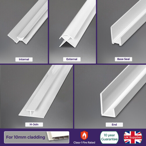 NES Home Bathroom 10mm White Trims For Shower Wall Panels Pvc Cladding 2.4m Long Fitting