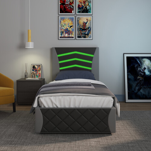 SlumberWorx (Black and Grey) Galaxy Ottoman Storage LED Headboard Gaming Single Black Bed Frame 2