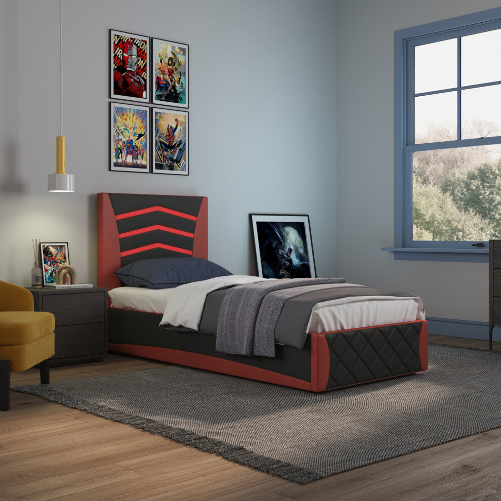 (Black and Red) Galaxy Ottoman Storage LED Headboard Gaming Single Black Bed Frame
