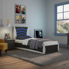 (Black and White) Galaxy Ottoman Storage LED Headboard Gaming Single Black Bed Frame