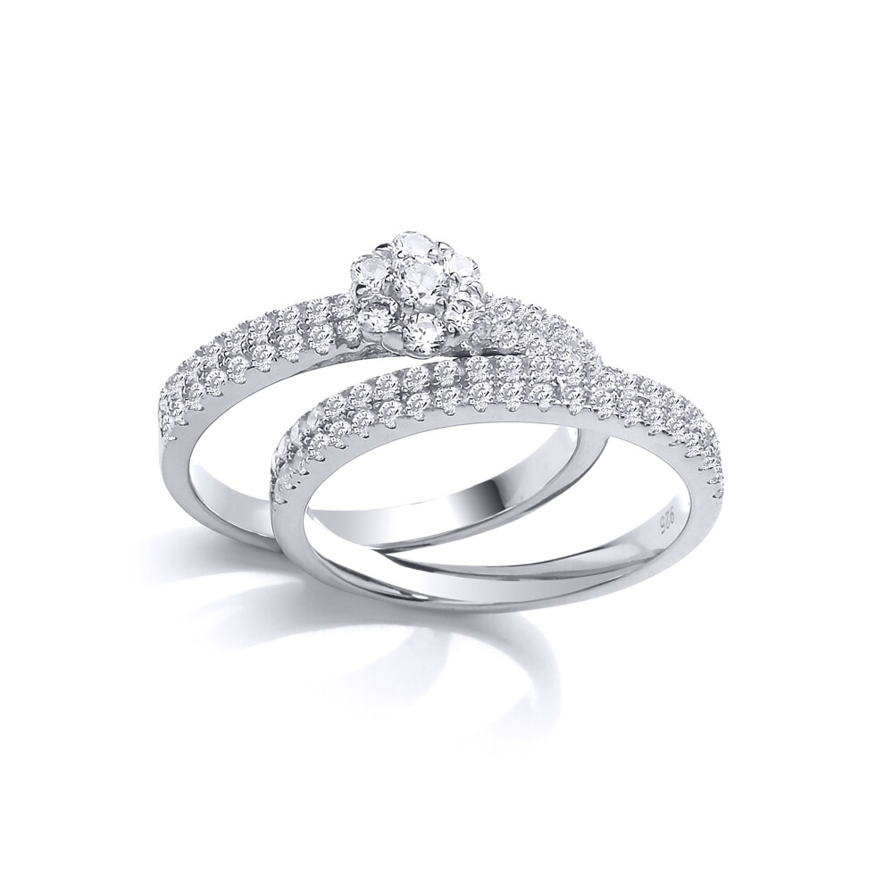 (R) Jewelco London Ladies Rhodium Plated Sterling Silver Cubic Zirconia Daisy Cluster dual Eternity Bridal Rings Set