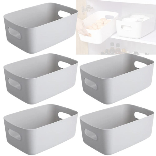 (Grey, Small) Panzy Home Plastic Storage Baskets with Handle Rectangular Home & Kitchen Organiser Strong Plastic Cupboard Storage Boxes