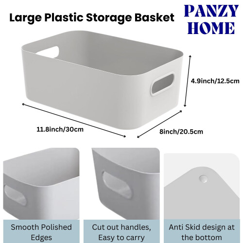 (Grey, Large) Panzy Home Plastic Storage Baskets with Handle Rectangular Home & Kitchen Organiser Strong Plastic Cupboard Storage Boxes 2