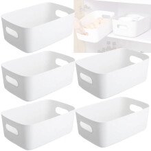 (Wihte, Small) Panzy Home Plastic Storage Baskets with Handle Rectangular Home & Kitchen Organiser Strong Plastic Cupboard Storage Boxes