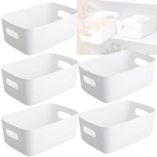 (Wihte, Small) Panzy Home Plastic Storage Baskets with Handle Rectangular Home & Kitchen Organiser Strong Plastic Cupboard Storage Boxes