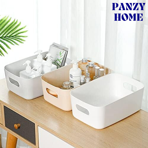 (Wihte, Medium) Panzy Home Plastic Storage Baskets with Handle Rectangular Home & Kitchen Organiser Strong Plastic Cupboard Storage Boxes 2