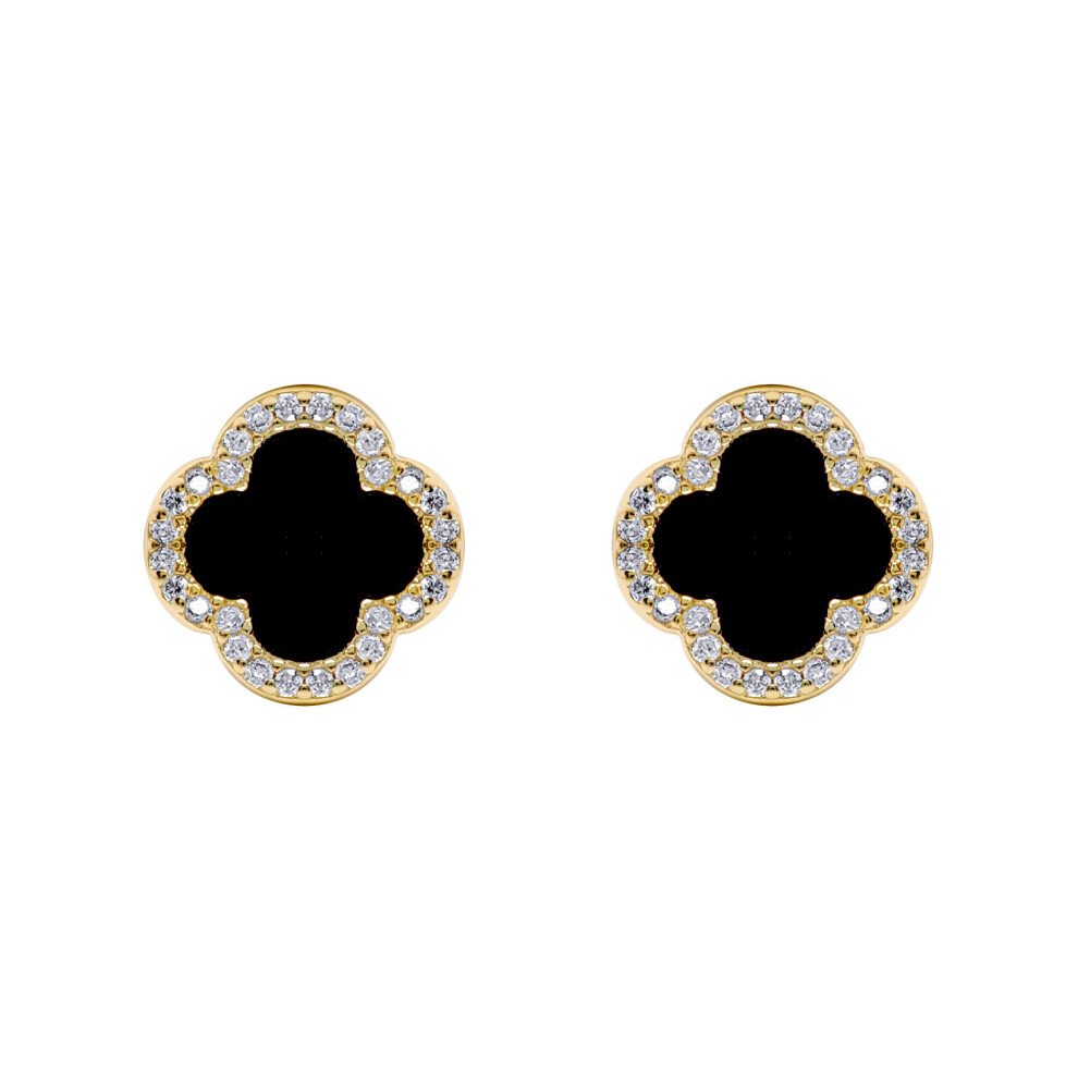 Jewelco London Gold-plated Silver Black Clover Onyx & CZ Halo Lucky Charm Earrings 11mm - AES258-GP