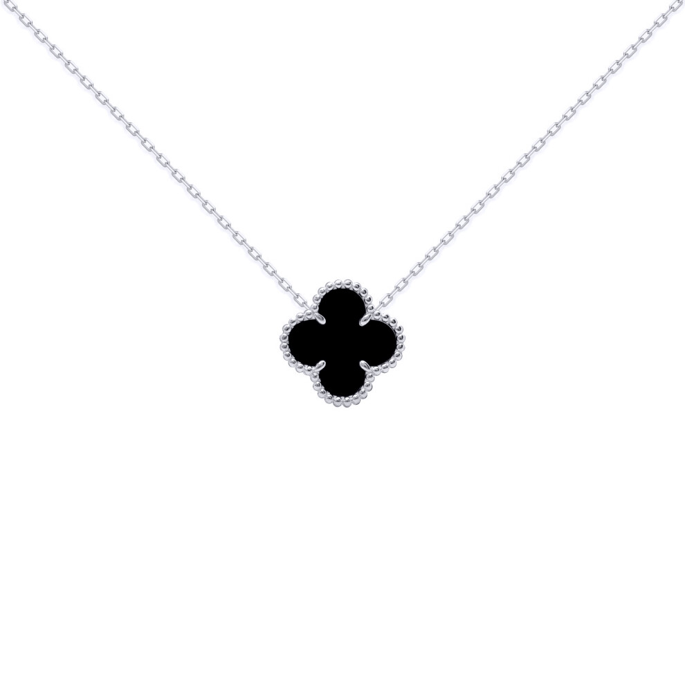 Silver Black Clover Onyx Lucky Charm Pendant Necklace 17" 42cm - ANC071