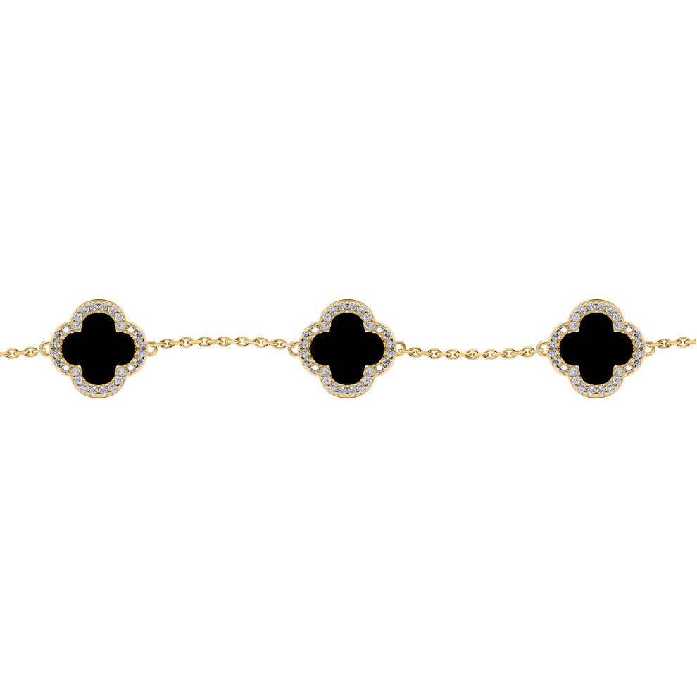 Jewelco London Gold-plated Silver Black Clover Onyx & CZ Halo Lucky Charm 5 Station Bracelet 7-8.5" - ABB249-GP